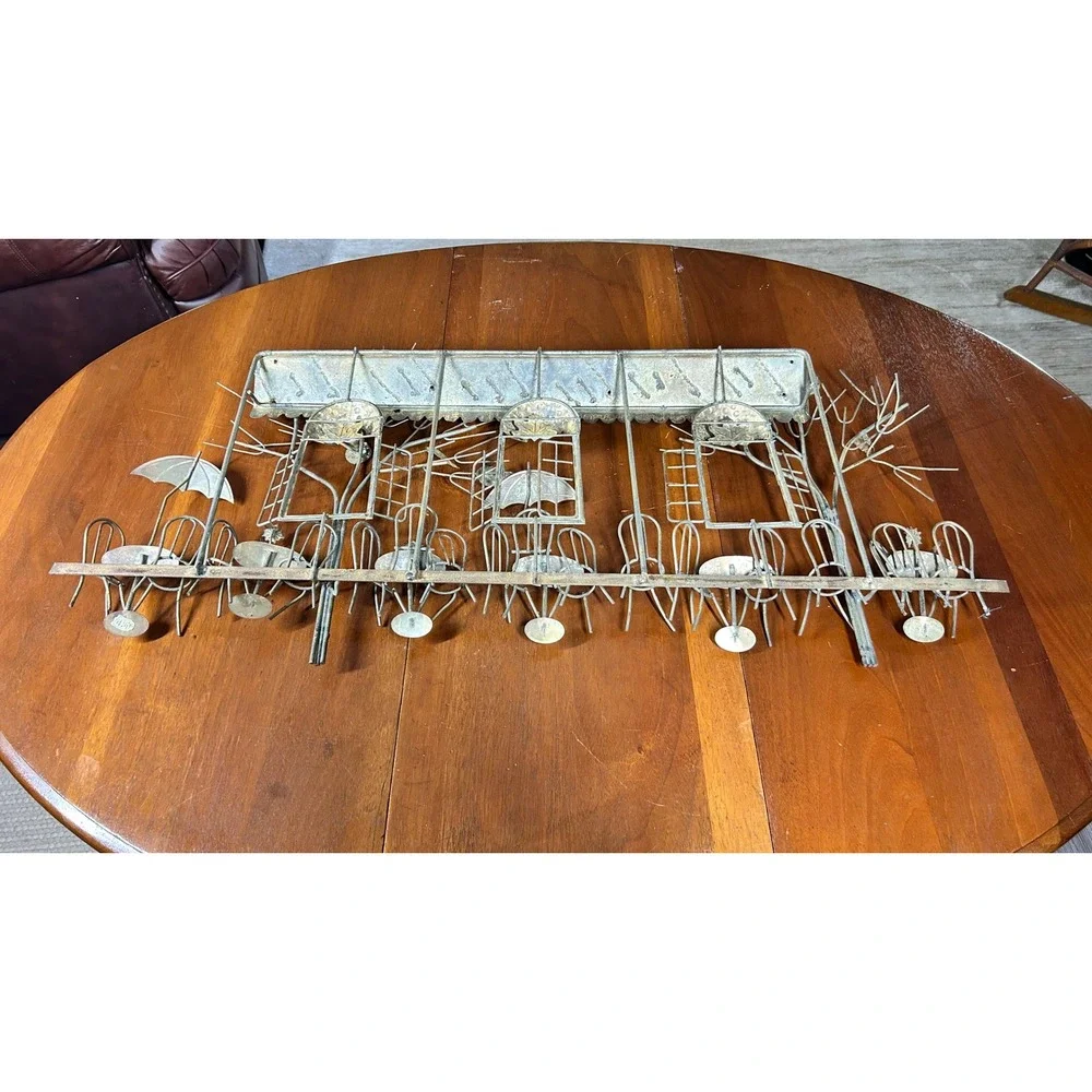 Vtg Metal Wall Art French Sidewalk Cafe Bistro Scene Brutalist Sculpture 33